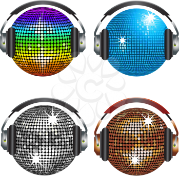 Royalty Free Clipart Image of a Set of 4 Sparkling Mosaic Disco Balls With Headphones