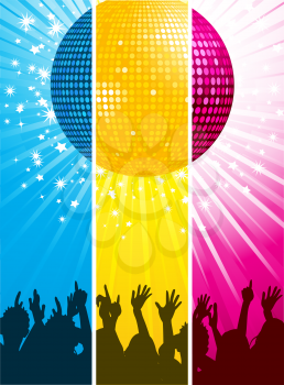 Royalty Free Clipart Image of a Sparkling Disco Ball and Crowd