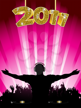 Royalty Free Clipart Image of a DJ Entertaining a Crowd at a New Year Party