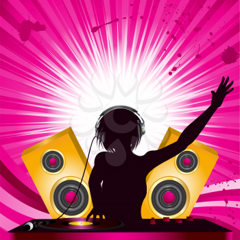 Royalty Free Clipart Image of a Female DJ Wearing Headphones Mixing on a Turntable