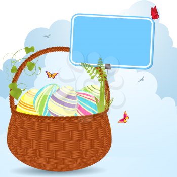 Royalty Free Clipart Image of Easter Eggs in a Wicker Basket With a Message Label Attached