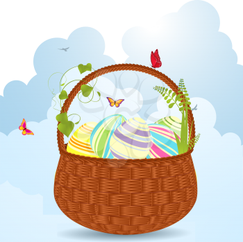 Royalty Free Clipart Image of a Wicker Easter Basket With Painted Eggs and Butterflies