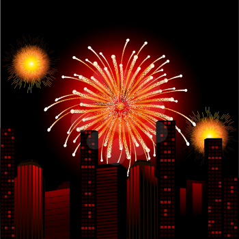 Royalty Free Clipart Image of a City Scene With Fireworks