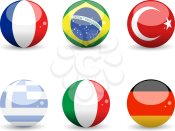 Royalty Free Clipart Image of Flag Spheres of France, Brazil, Turkey, Greece, Italy and Germany