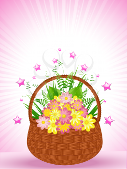 Royalty Free Clipart Image of a Wicker Basket Full of Flowers