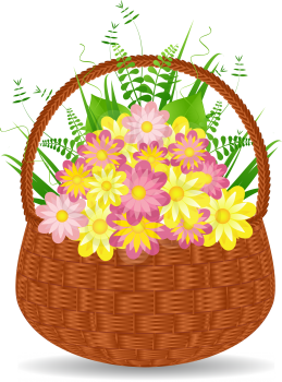 Royalty Free Clipart Image of Flowers in a Wicker Basket