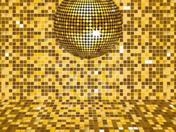 Royalty Free Clipart Image of a Gold Disco Ball on a Mosaic Background