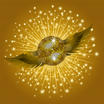 Royalty Free Clipart Image of a Winged Gold Disco Ball With an Explosion of Rays
