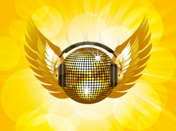 Royalty Free Clipart Image of a Winged Gold Disco Ball With Headphones