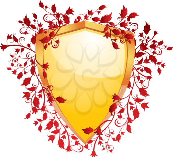 Royalty Free Clipart Image of a Glossy Gold Shield With an Ornate Floral Design