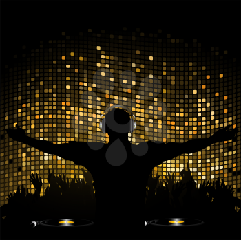 Royalty Free Clipart Image of a DJ Entertaining a Crowd Against a Mosaic Background