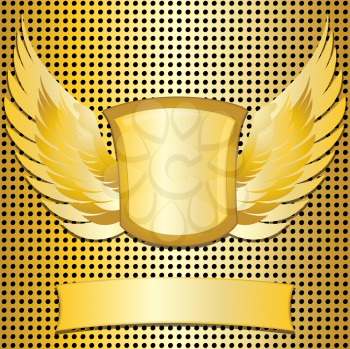 Royalty Free Clipart Image of a Gold Metallic Grid Background With a Shield and Wings