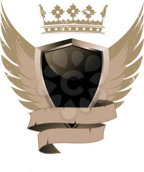 Royalty Free Clipart Image of a Black Shield With a Crown and Wings