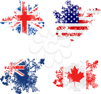 Royalty Free Clipart Image of Grunge Flags of the UK, USA, Australia and Canada