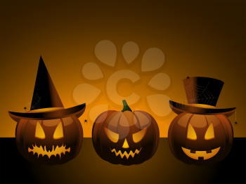 Royalty Free Clipart Image of Halloween Pumpkins With Carved Faces and Hats