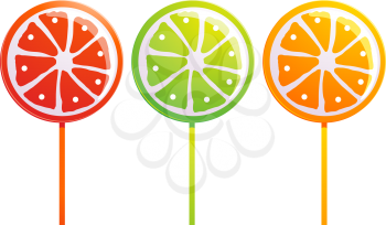 Royalty Free Clipart Image of a Set of Three Fruit Lollipops