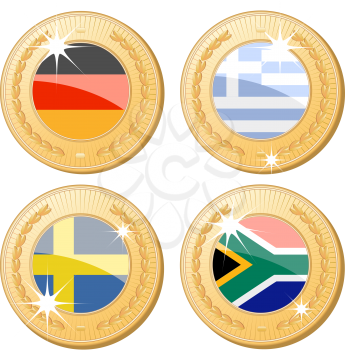 Royalty Free Clipart Image of Gold Medals With the Flags of Germany, Greece, South Africa and Sweden in the Center