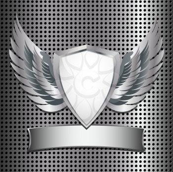 Royalty Free Clipart Image of a Metallic Shield on a Metal Grid