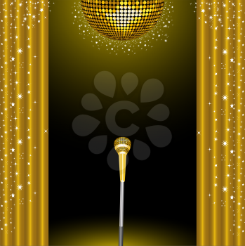 Royalty Free Clipart Image of a Stage With a Gold Microphone, Disco Ball and Curtains
