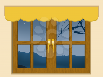 Royalty Free Clipart Image of a Window Showing a Mountain View