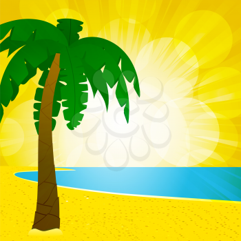 Royalty Free Clipart Image of a Palm Tree on a Summer Beach