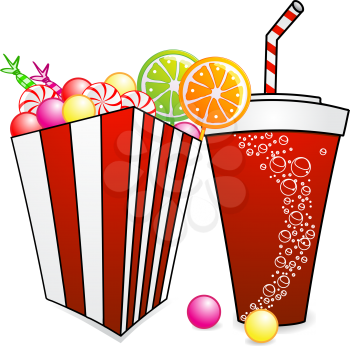 Royalty Free Clipart Image of a Box of Candy and Soda Pop