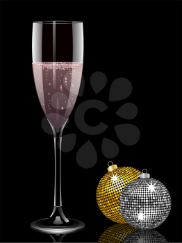 Royalty Free Clipart Image of a Glass of Champagne With Christmas Ornaments