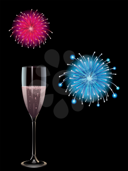 Royalty Free Clipart Image of a Glass of Champagne With Exploding Fireworks