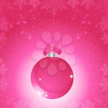Royalty Free Clipart Image of a Pink Bauble on a Floral Background With Snowflakes