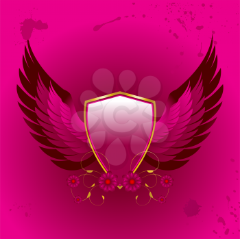 Royalty Free Clipart Image of a Shield With Wings and Floral Design