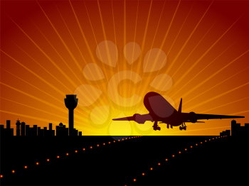 Royalty Free Clipart Image of a Plane Landing in an Airport