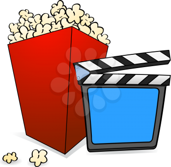 Royalty Free Clipart Image of a Box of Popcorn and a Clapper Board