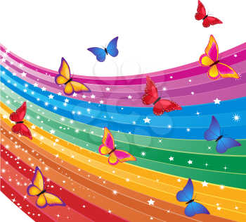 Royalty Free Clipart Image of a Rainbow and Butterfly Background