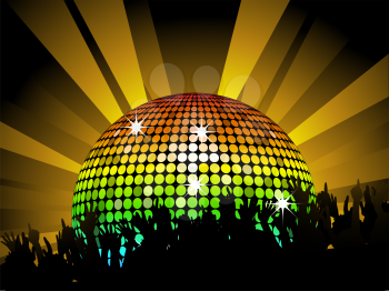 Royalty Free Clipart Image of a Crowd Partying Under a Rainbow Disco Ball