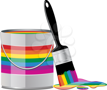 Royalty Free Clipart Image of a Rainbow Colored Paint Tin With a Paintbrush
