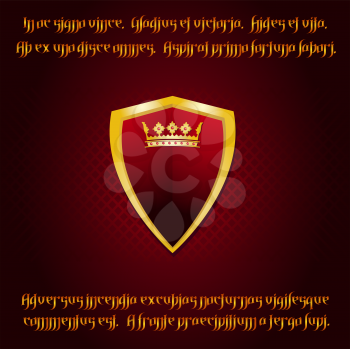 Royalty Free Clipart Image of a Heraldic Shield With Ruby Studded Crown on a Medieval Background