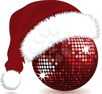 Royalty Free Clipart Image of a Disco Ball With a Santa Hat 