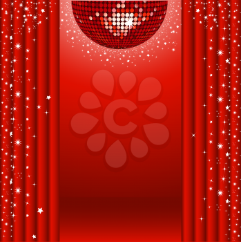Royalty Free Clipart Image of a Theater Stage With Red Curtains and a Disco Ball