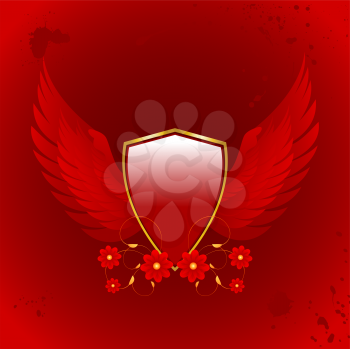 Royalty Free Clipart Image of a Red Shield With Wings