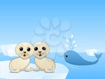 Royalty Free Clipart Image of Seal Pups on Icebergs and a Whale Blowing Water 