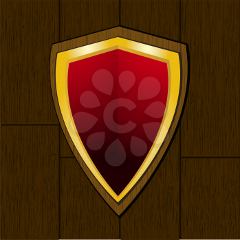 Royalty Free Clipart Image of a Red and Gold Shield on a Wooden Plaque and Background