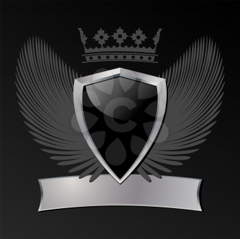 Royalty Free Clipart Image of a Black Shield With a Grey Crown and Wings