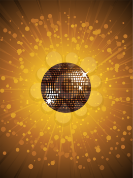 Royalty Free Clipart Image of a Gold Disco Ball With an Explosion of Rays
