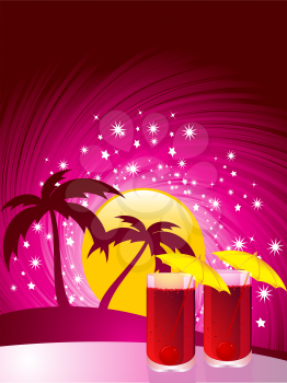 Royalty Free Clipart Image of an Abstract Tropical Sunset With Cocktails