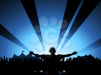 Royalty Free Clipart Image of a DJ and Crowd Partying at a Summer Festival 