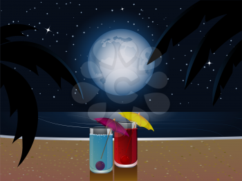 Royalty Free Clipart Image of Two Cocktails on a Beach at Night