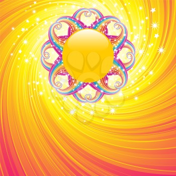 Royalty Free Clipart Image of a Rainbow Sun in an Abstract Sky