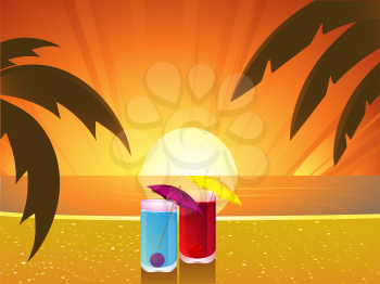 Royalty Free Clipart Image of Two Cocktails on a Tropical beach at sunset