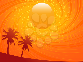 Royalty Free Clipart Image of a Tropical Sunset Beach Landscape