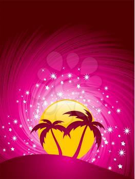 Royalty Free Clipart Image of a Sunset With Silhouette Palm Trees